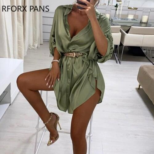 WomenSolid Long Sleeves Ruffles Slit Satin Ruched Shirt Dress Elegant Party Dress