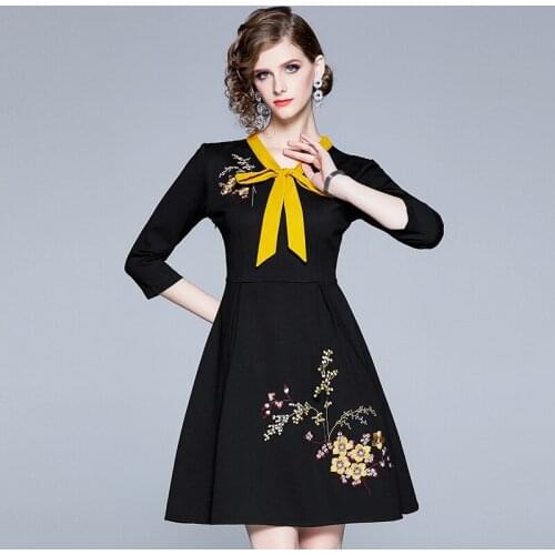 2021 Spring Autumn Womens Dress Korean Retro Bow Neck Embroidered Dress New Female Waist Dresses X732