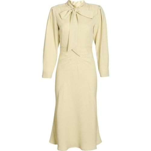 Summer Elegant Warm Yellow Puff Sleeve Casual Dress Bow Tie Midi Long Sleeve Shirt Bandage Neck Long Sleeve Women Tide Clothes