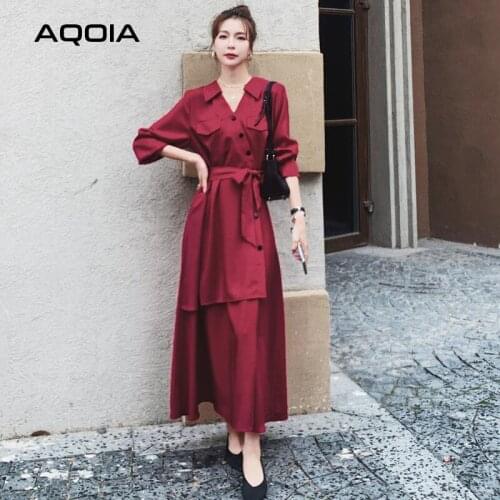 2021 Spring Vintage Women Long Dress Button V Neck Long Sleeve Red Ladies Dresses Elegant Sashes Loose Hepburn Party Dress