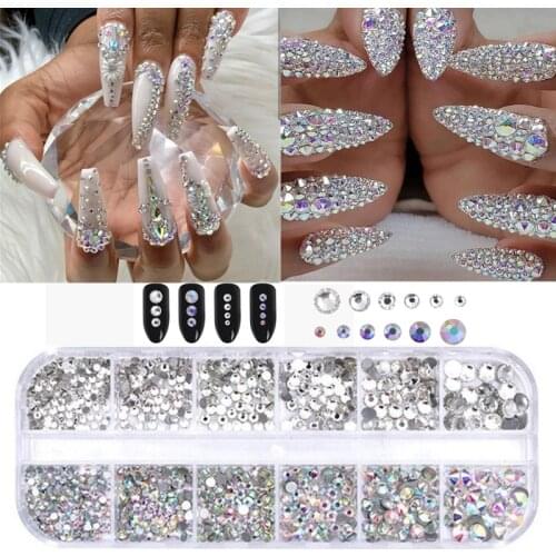 12grid/case Nail Rhinestone AB Clear Crystal Strass 3D Nail Charms Flat Back Gems Stones Flakes Diamond Manicure Decoration DIY