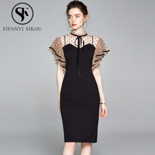 2020 Summer Women Plus Size Black Sexy Dress Butterfly Sleeve Dot Print Mid Long Dress Mesh Splice Fashion Slim Party Dress