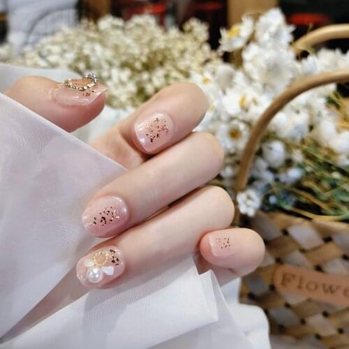 24pcs Pearl Inlaid Nail Patch Glue Type Removable Short Paragraph Fashion Manicure Save Time False Nails Patch NE