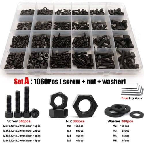 400/1060X M1.6 M2 M3 M4 M5 Black12.9 Grade Steel Allen Hexagon Hex Socket Cap Head Screw Bolt Nut Washer Set Assortment Kit Box