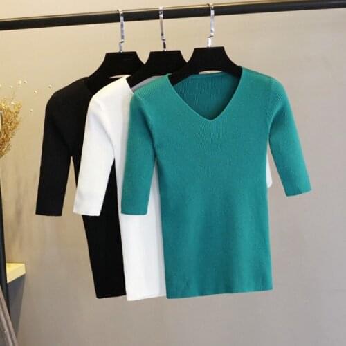 White T Shirt Half sleeve V neck T Shirts For Women Korea style Knitted Ladies Tops Casual