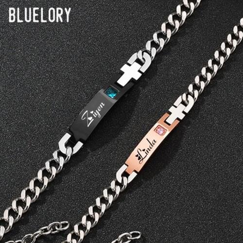 Bluelory Custom Couple Crystal Name Bracelets Black Rose Gold Stainless Steel Cool Women Men Jewelry For Lover Anniversary Gift
