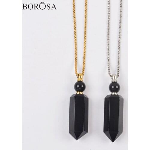 BOROSA Hexagon Black Obsidian Perfume Bottle Pendant Necklace 23'' Prism Natural Stones Essential Oil Diffuser Necklaces WX1757