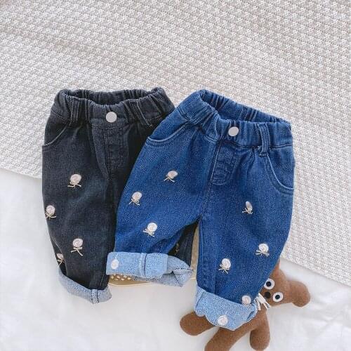 2021 Childrens Embroidered Lollipop Jeans Toddler High Elastic Waist Fleece Stretch Denim Casual Pants Jeans for Teenage Girls