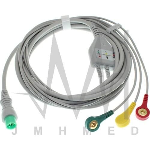 ECG EKG 3 Lead one-piece Cable and Electrode Leadwire for Biolight 4Pin Patient monitor, Snap/Clip/VET Alligator clip