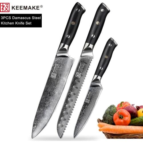 KEEMAKE 3PCS Kitchen Knife Set Chef Utility Santoku Cleaver Knives Damascus VG10 Steel Core Sharp Blade G10 Handle Cutting Tools