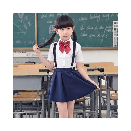 2019 Boys Girls Summer Wedding Party Suit Shirts Strap Shorts /Skirt Bowtie Kids Formal Birthday Dress Children School Uniform