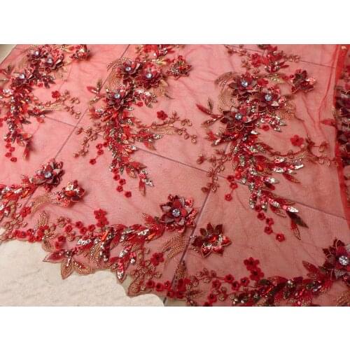 La Belleza 1 yard red sequins acrylic stones 3D handmade flowers on net wedding dress/evening/show/stage dress lace fabric