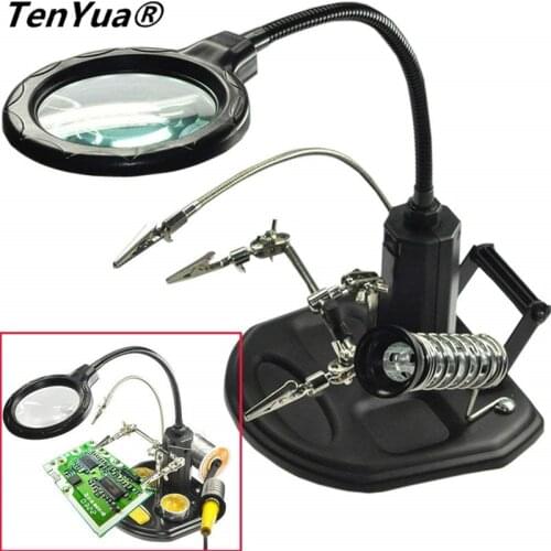 TenYua 2.5X 4X Third Hand soldering Illuminated Loupe Magnifying Magnifier Clamp Alligator Clip Stand for Welding with LED Light