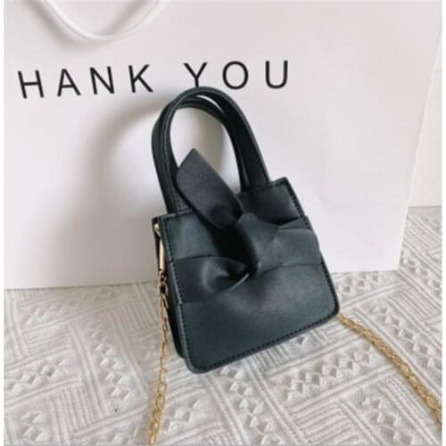 Toddler Kids Girls Mini Tote Bag PU Leather Solid Color Bowknot Purse Crossbody Bag with Metal Chain