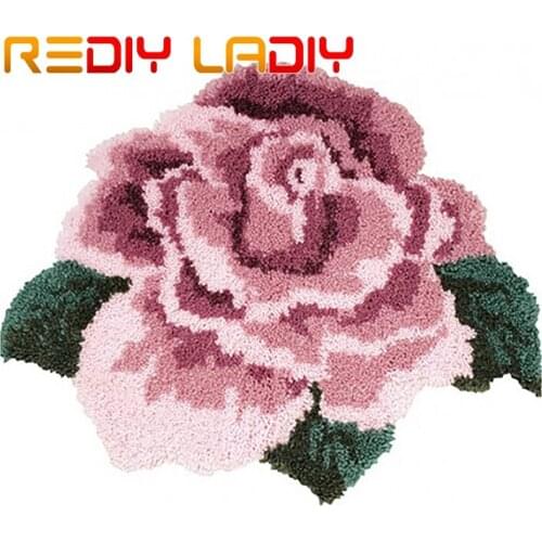 Latch Hook Rug Kit Crocheting Carpet Rug Pink Flowers Acrylic Yarn Pre-Printed Canvas Cushion Crochet Tapestry Art Home Decor