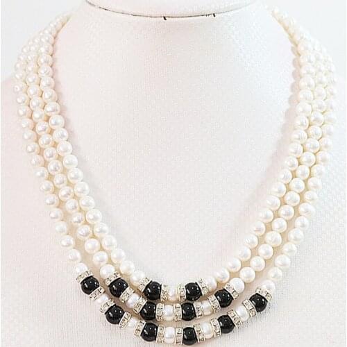 Natural white pearl stone 7-8mm new 3 rows round beads diy noble jewelry necklace making 17"-19"B646