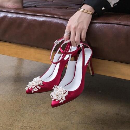 2021 summer new pointed shallow mouth sandals fashion pearl stilettos small size large size banquet dress wedding shoes women