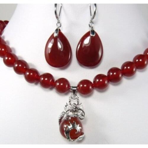 8mm Ruby Necklace Red DROP EARRINGS Metal Silver Plated Jewelry Set Gift