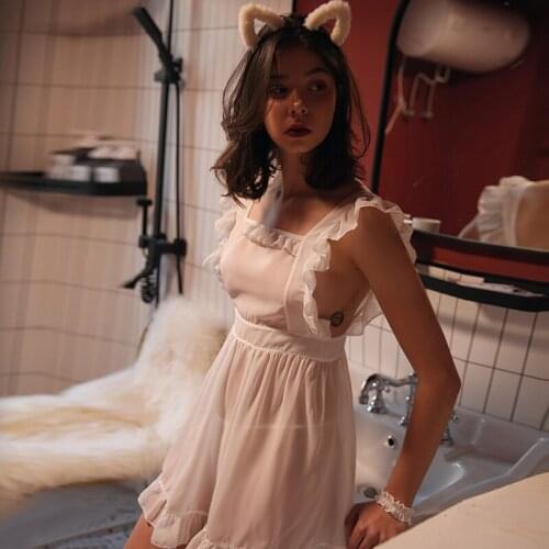 Young Girl Sexy Lingerie Maid Uniform Cosplay Chiffon Lace Summer Cute Perspective Hot Backless Nightdress Pajamas Set