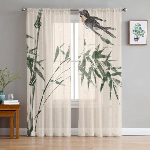 Spring Bamboo Swallow Ink Chinese Style Sheer Curtains for Living Room Kitchen Tulle for Windows Voile Yarn Curtains for Bedroom
