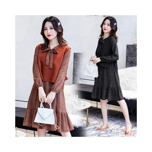 Explosion models fall and winter maternity clothes out breastfeeding long-sleeve striped plaid dress loose vest + dress pregnant