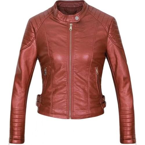 Womens Spring Short Slim Moto Biker PU Jacket Artificial Leather Stand Collar Coat Girls Autumn Fall Topcoat