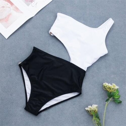 Women Bikinis 1 Piece Athletic Swimsuits One Shoulder Cut Out Black Swimwear Side Zipper Padding Bra Short Torso Bathing Suits