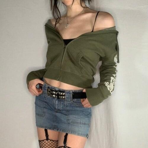 2021 Vintage Green Printed Y2K Crop Hoodies Zip Up Bomber Hooded Jacket Pullovers Autumn Long Sleeve Women Sweatshirts