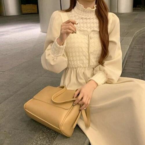 Women Autumn Solid Elegant Stand Collar Dress Female Lantern Sleeve Lace Party Dress Lady High Waist A-line Vestidos