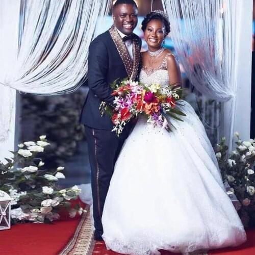 Bead A Line Wedding Dresses High Collar Sequin Lace Appliques Bridal Gown Plus Size Africa Vestidos De Novia