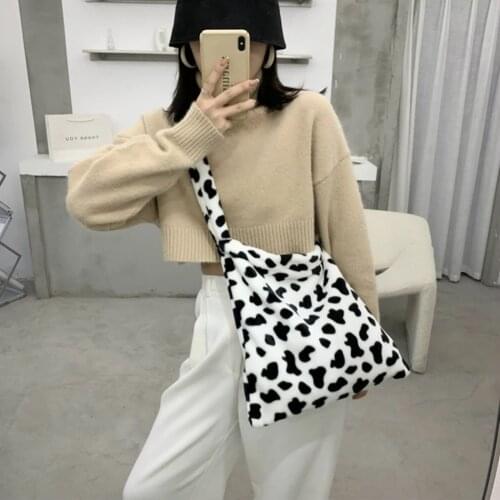 Winter Furry Women Large Handbags Fashion Cow Pattern Ladies Shoulder Messenger Bags Soft Plush Female Girls Travel Casual Tote