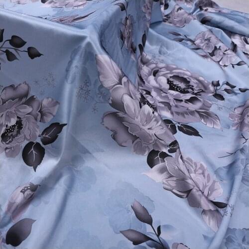 1 Meter Natural Silk Fabric Large Flower Gray Blue Elastic Satin Printed Mulberry Dress Cheongsam