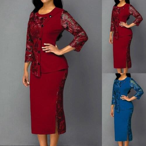 70% Hot Sell Women Lace Hollow Out Long Sleeve Blouse Top Split Bodycon Skirt Office Outfit