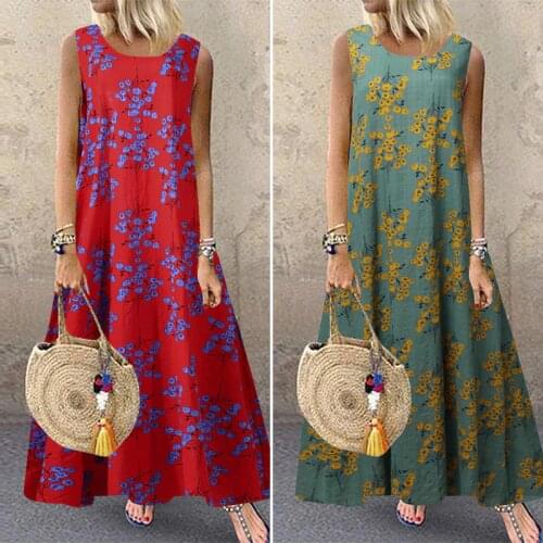 Bohemian Polka Dot Maxi Dress Womens Sundress 2021 ZANZEA Casual Sleeveless Tank Vestidos Female O Neck Party Robe Plus Size