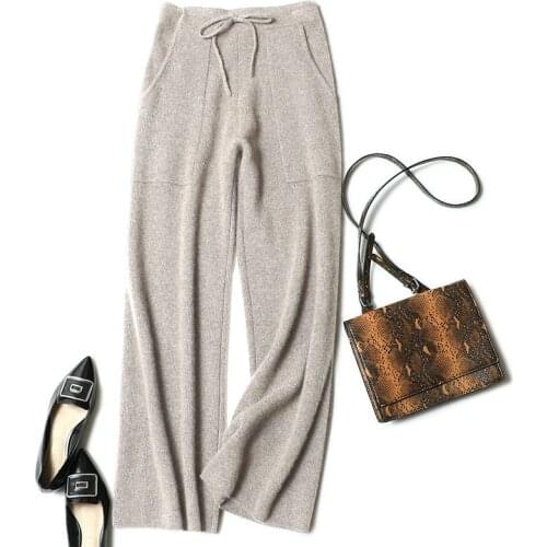 New fashion cashmere knit women pants wide leg drawstring high waist 2pockets straight full length trousers white apricot M/L