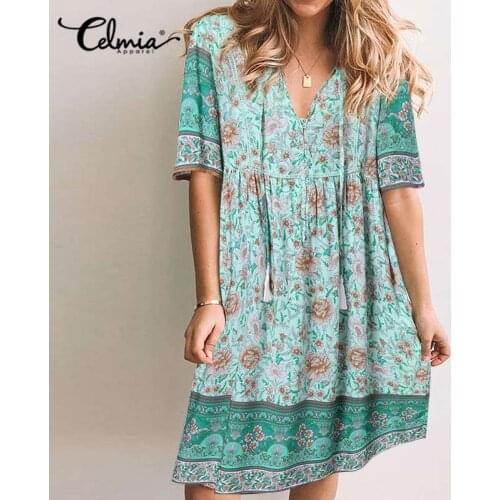 Celmia 2021 Summer Bohemian Floral Print Tassel Women Dress Casual Loose Lace Up V-neck Mini Dresses Holiday Vestidos