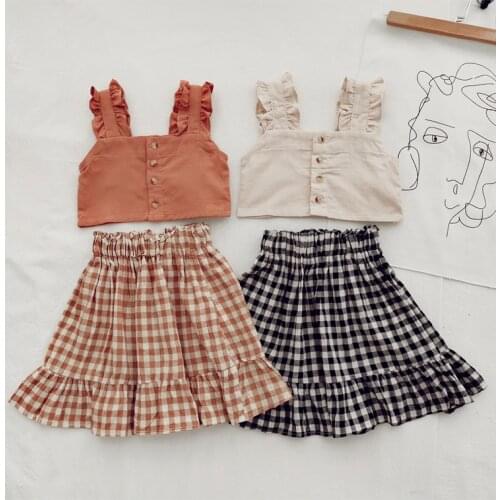 1-9Yrs Children Girls Plaid Set Summer Girls Sleeveless Tops+A-Line Skirts 2Pcs Suits Clothes Outfits