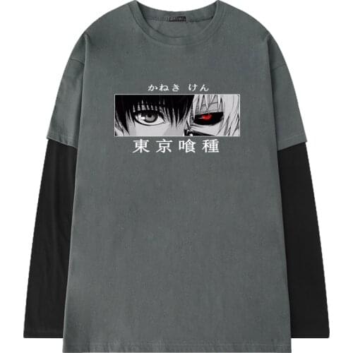 Hip Hop Fake two piece Tokyo Ghoul Tshirt Male Kaneki Ken Print Unisex Anime T shirt Long Sleeve Mens T-shirts Casual Tops