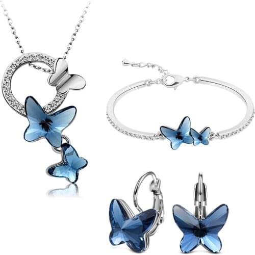 COCOM Blue Butterfly Crystal Jewelry Set for Women Girls Pendant Necklace Bracelet Bangle Earrings with Crystals from Austria