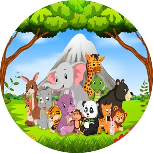 Laeacco Wild Animal 1st Birthday Party Safari Jungle Backdrop Baby Shower Customized Circle Photo Backdrop Round Background
