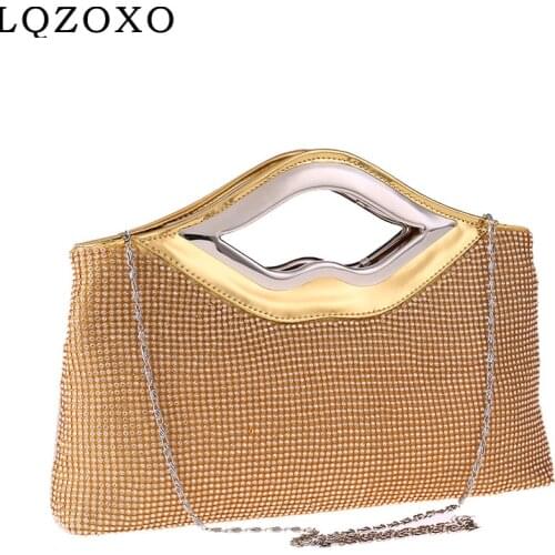Soft rhinestones lady clutch bag with shoulder chain handbags for gift purse New lip desing metal evening bags