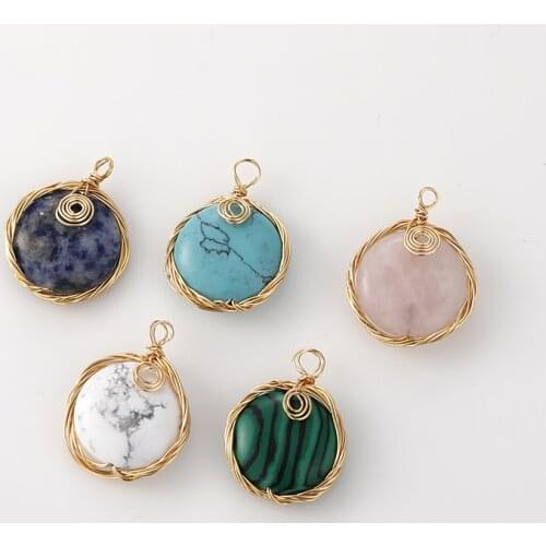 Natural semi-precious stones handmade round shape 10pcs/lot copper charms diy jewelry earring/necklace pendant accessory