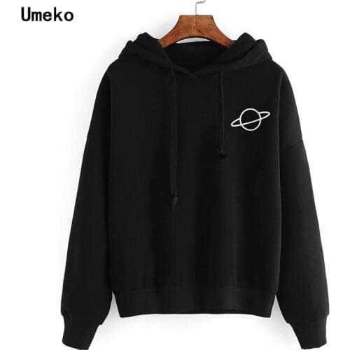 Umeko New Cartoon Planet Print Hoodies Women Couple Casual Long Sleeve Hooded Sweatshirts Female Loose Tops Casual Clothes Fall