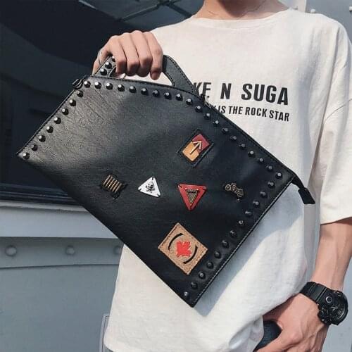 HOT Rivets Handbag Male Skull Clutch street leisure shoulder bag luxury leather bag for men Free Shipping black fashion bags