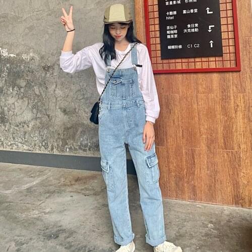 Hot Womens denim bib pants 2020 new Korean Suspenders pants Loose large pants Multi-pocket Jumpsuits Size S-XXL
