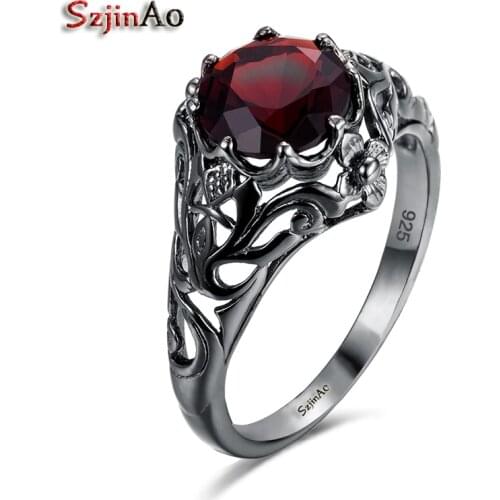 Szjinao Kpop Top Quality Antique Flower Real 925 Sterling Silver Rings For Women Black Gold Anel Color Cocktail Party Jewelry