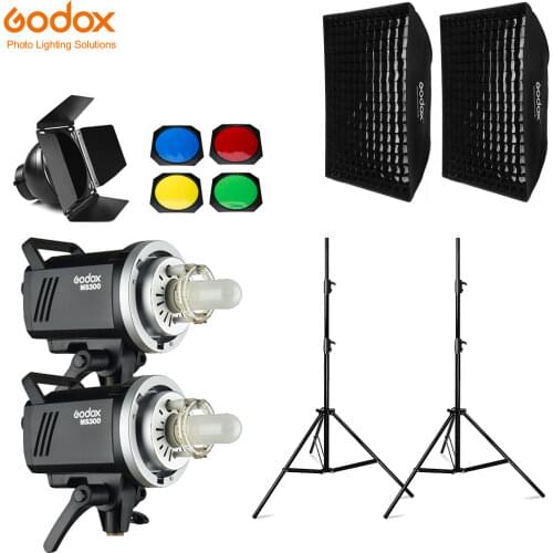 Godox MS300 600Ws 2x 300Ws Photo Studio Flash Lighting,280cm Light Stand,Softbox,Barn Door,Trigger,Flash built-in Receivers