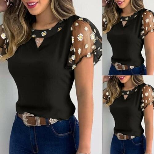 Ladies Sunflower Ruffle Mesh Sleeve T-Shirt Tops Patchwork V Neck Tee New