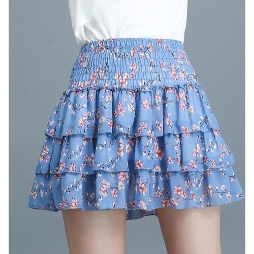 Womens Chiffon High Waist Layered Skirts Sweet School Girls Pleated Mini Skirt for Women Floral Printed Kawaii Cute Faldas Mujer