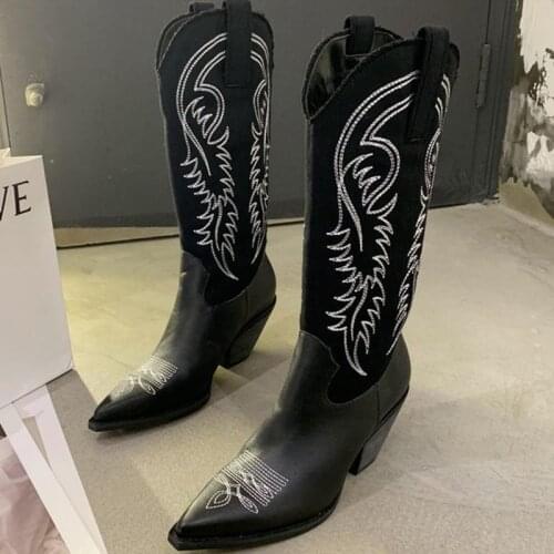 Women Cowboy Boots Pointed Toe Womens Shoes Embossing Pu Leather Shoes Knee-High Boots Chunky Wedges Shoes